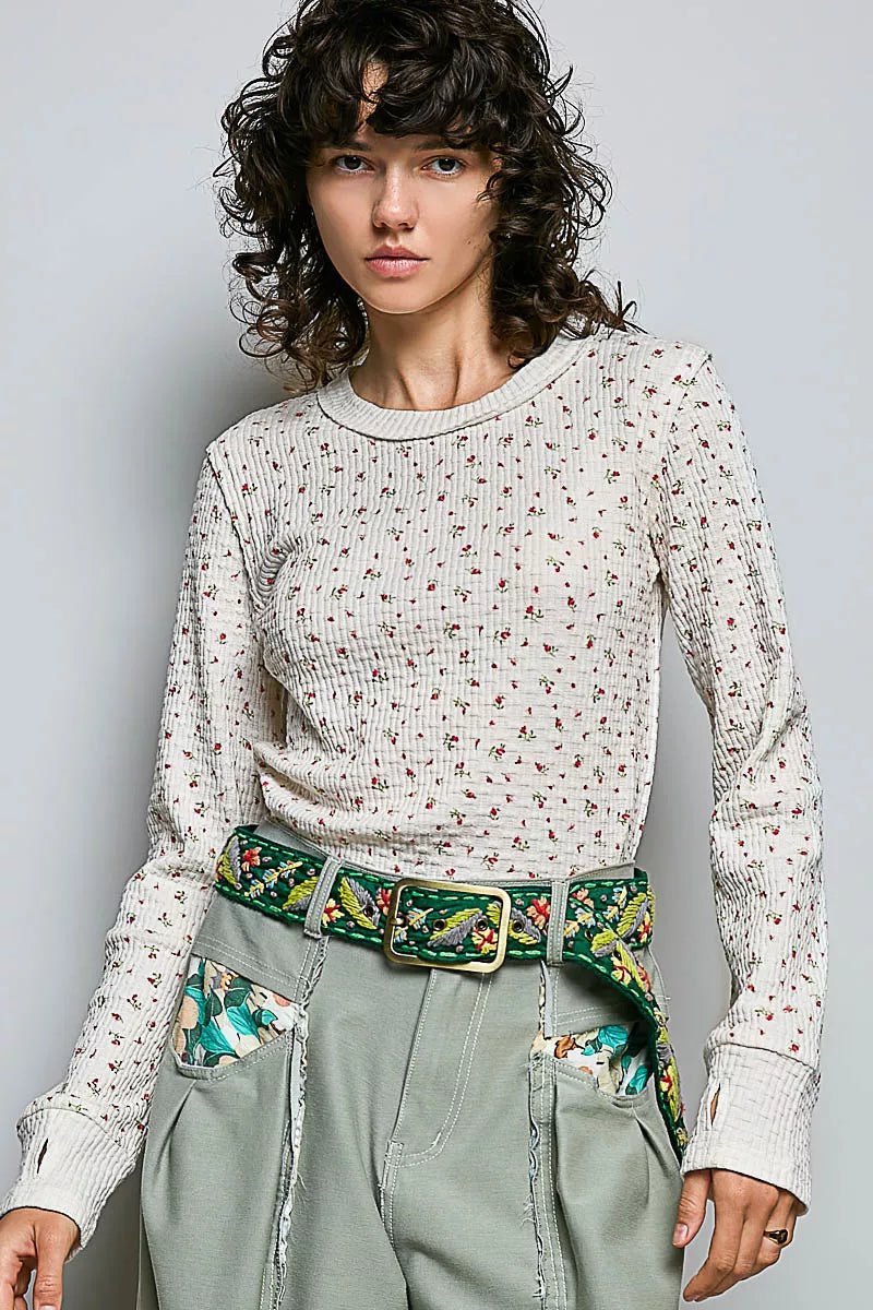 POL Ribbed Knit Floral Crew Neck Long Sleeve Top - Desert Sunday
