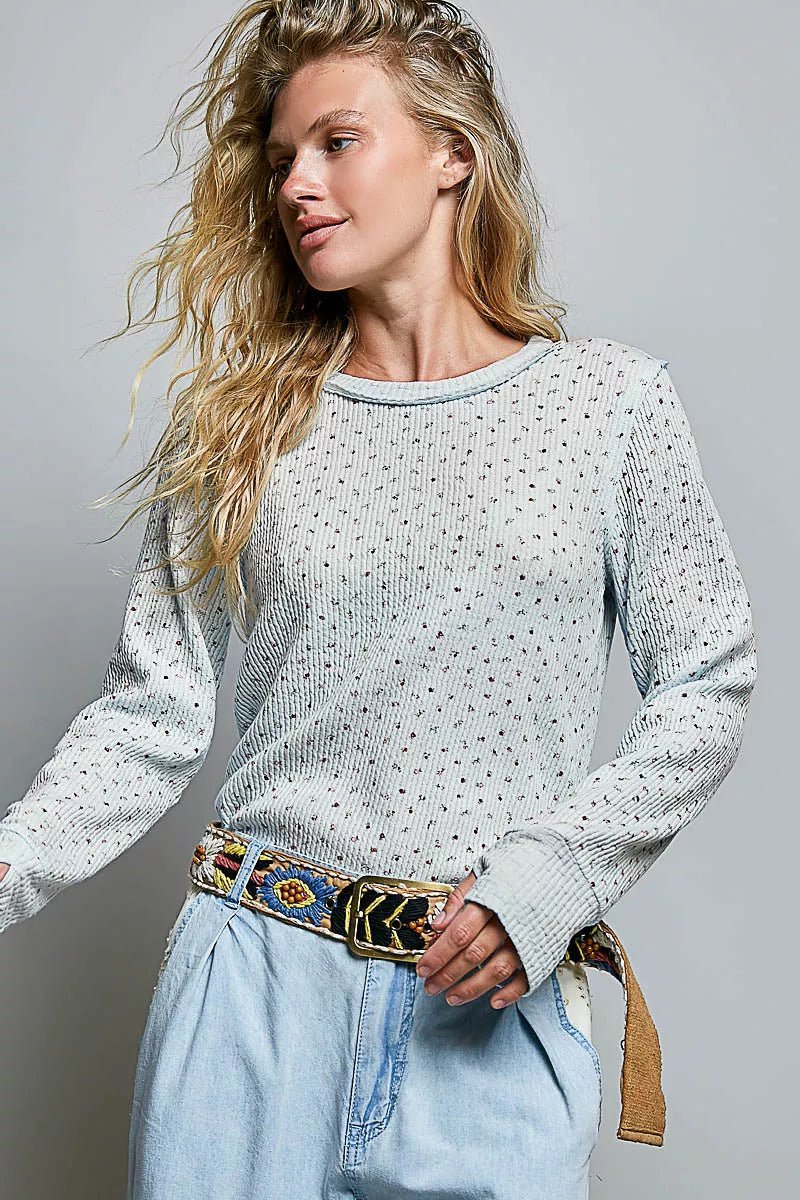 POL Ribbed Knit Floral Crew Neck Long Sleeve Top - Desert Sunday