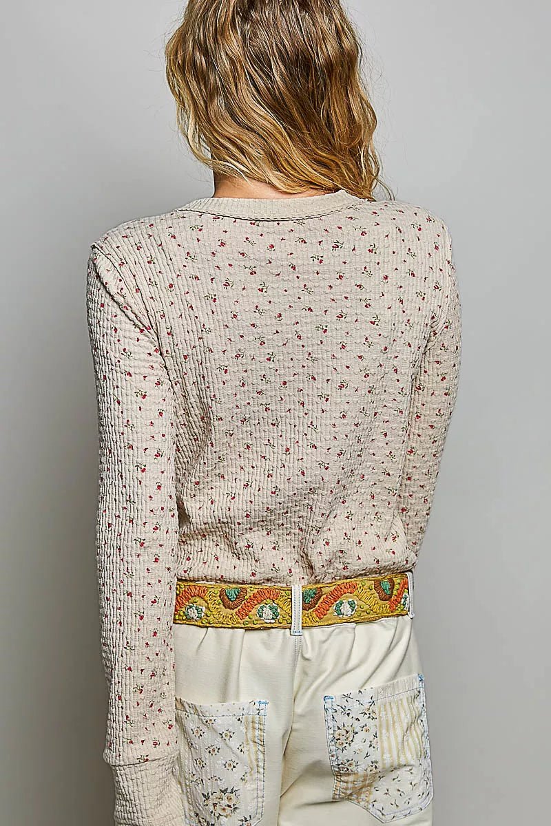 POL Ribbed Knit Floral Crew Neck Long Sleeve Top - Desert Sunday