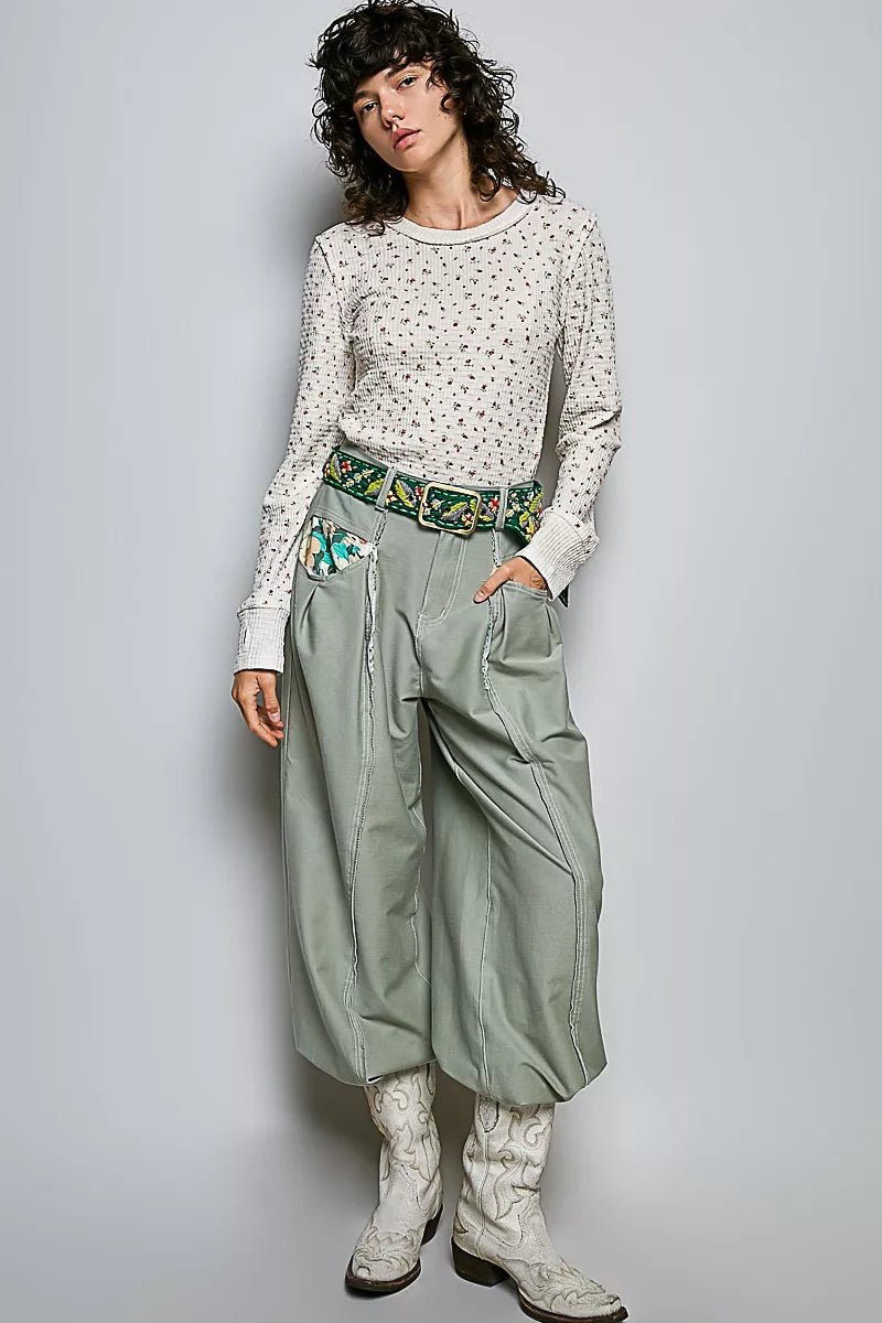 POL Ribbed Knit Floral Crew Neck Long Sleeve Top - Desert Sunday