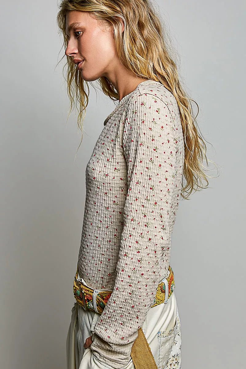 POL Ribbed Knit Floral Crew Neck Long Sleeve Top - Desert Sunday