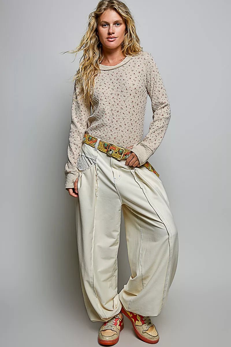 POL Ribbed Knit Floral Crew Neck Long Sleeve Top - Desert Sunday