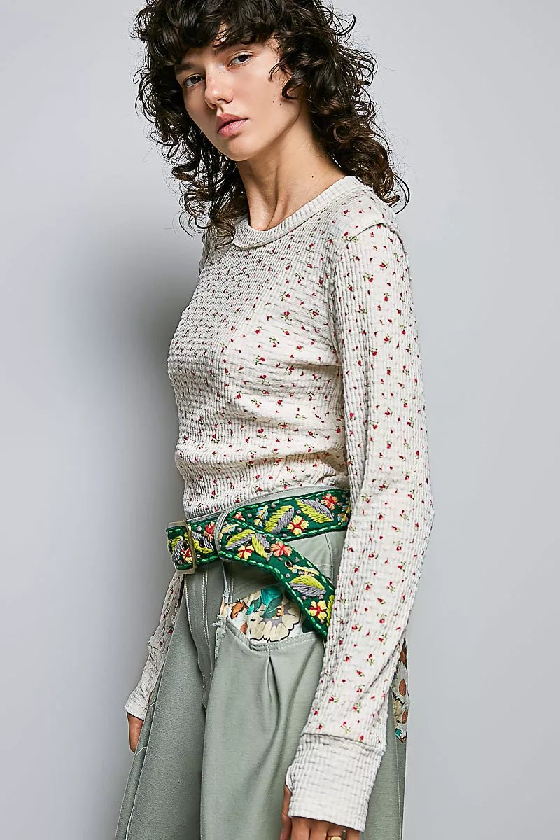 POL Ribbed Knit Floral Crew Neck Long Sleeve Top - Desert Sunday