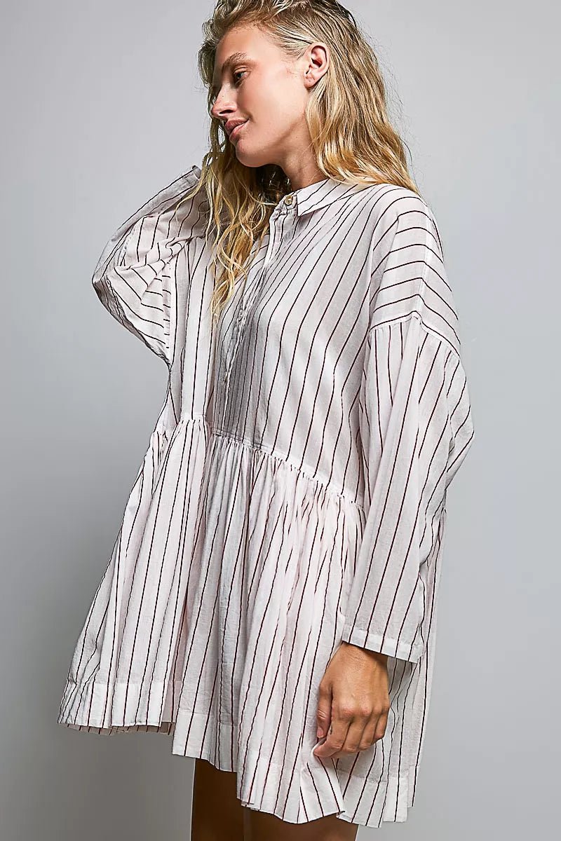 POL Striped Gathered Waist Woven Shirt Dress - Desert Sunday