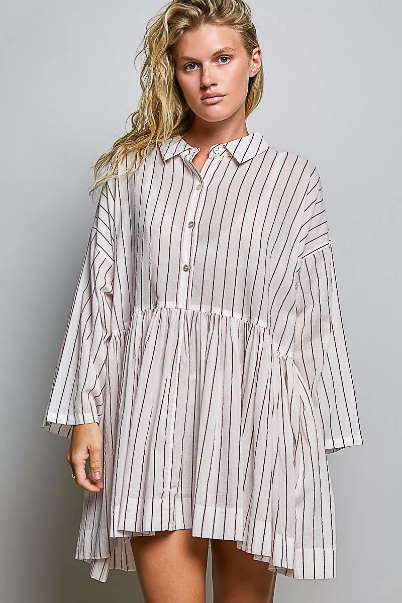POL Striped Gathered Waist Woven Shirt Dress - Desert Sunday