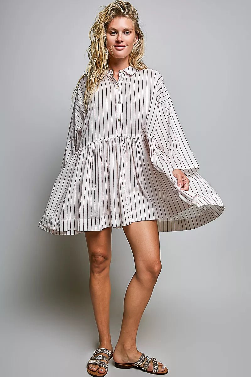 POL Striped Gathered Waist Woven Shirt Dress - Desert Sunday