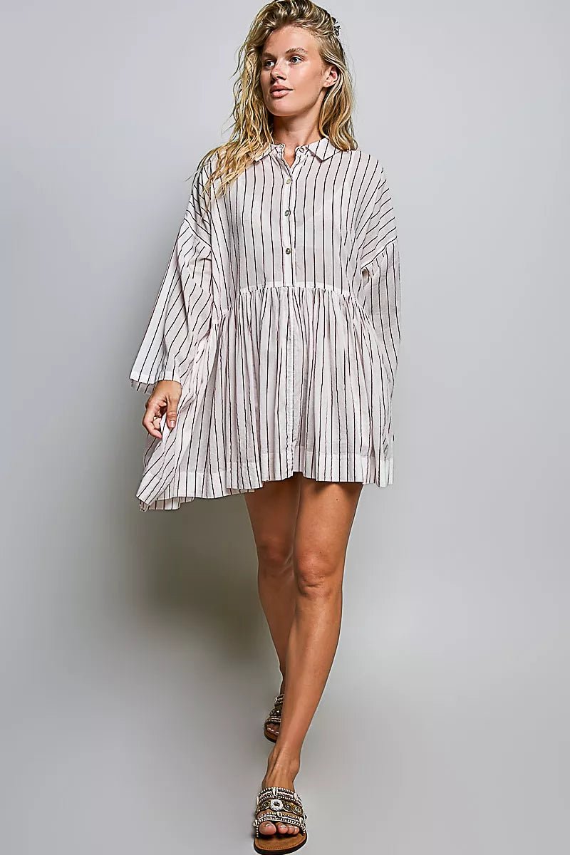 POL Striped Gathered Waist Woven Shirt Dress - Desert Sunday