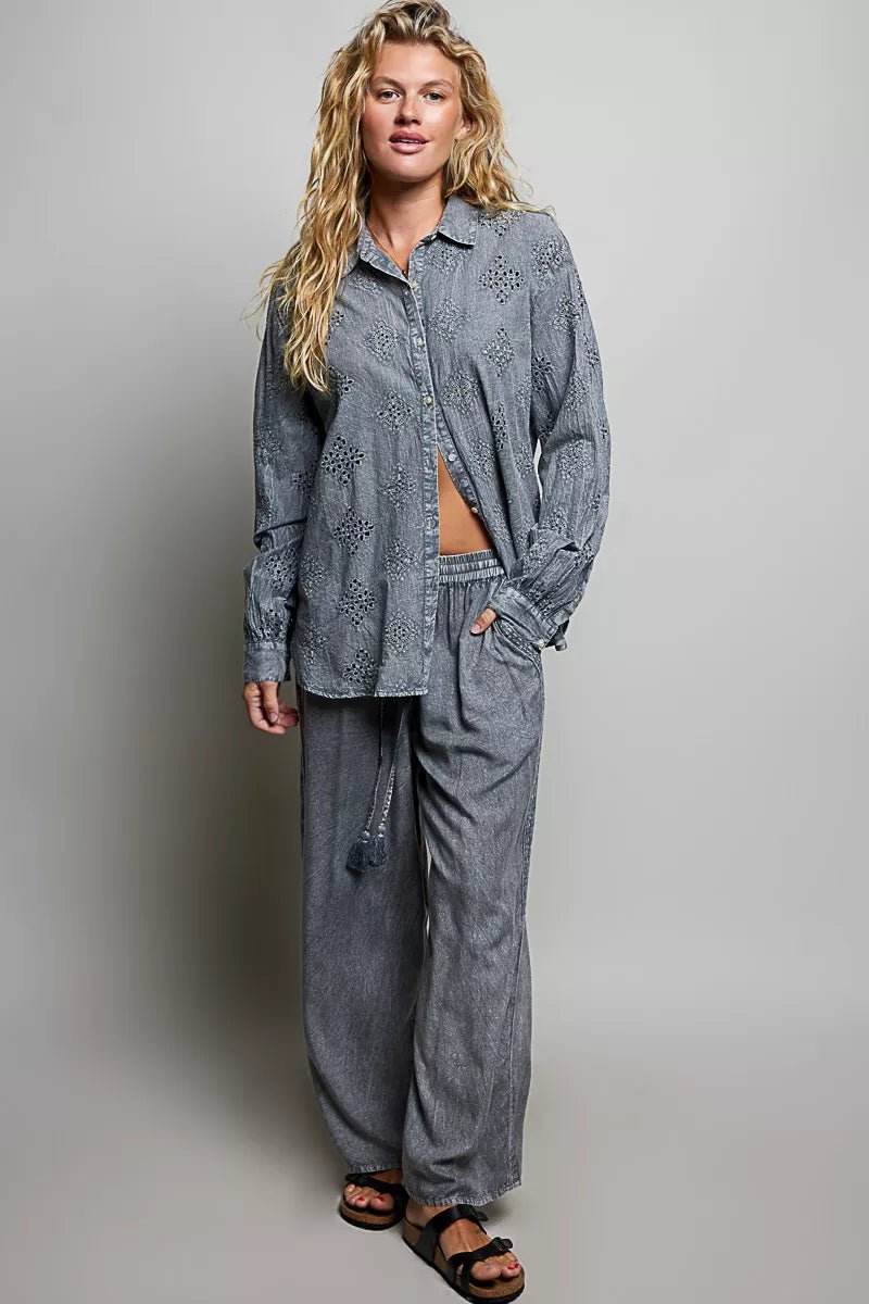 POL Tassel Drawstring Embroidered Wide Leg Woven Pants - Desert Sunday