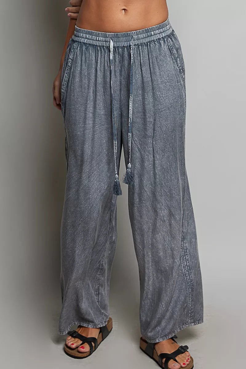 POL Tassel Drawstring Embroidered Wide Leg Woven Pants - Desert Sunday