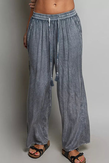 POL Tassel Drawstring Embroidered Wide Leg Woven Pants - Desert Sunday