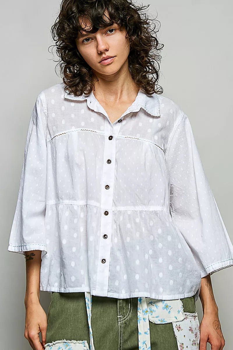 POL Tonal Dot Weave Textured Button Front Shirt - Desert Sunday