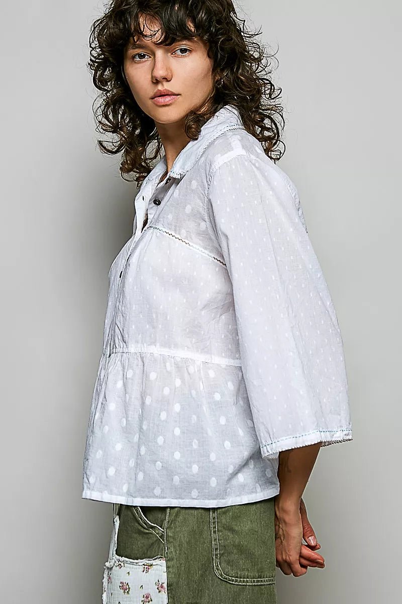 POL Tonal Dot Weave Textured Button Front Shirt - Desert Sunday