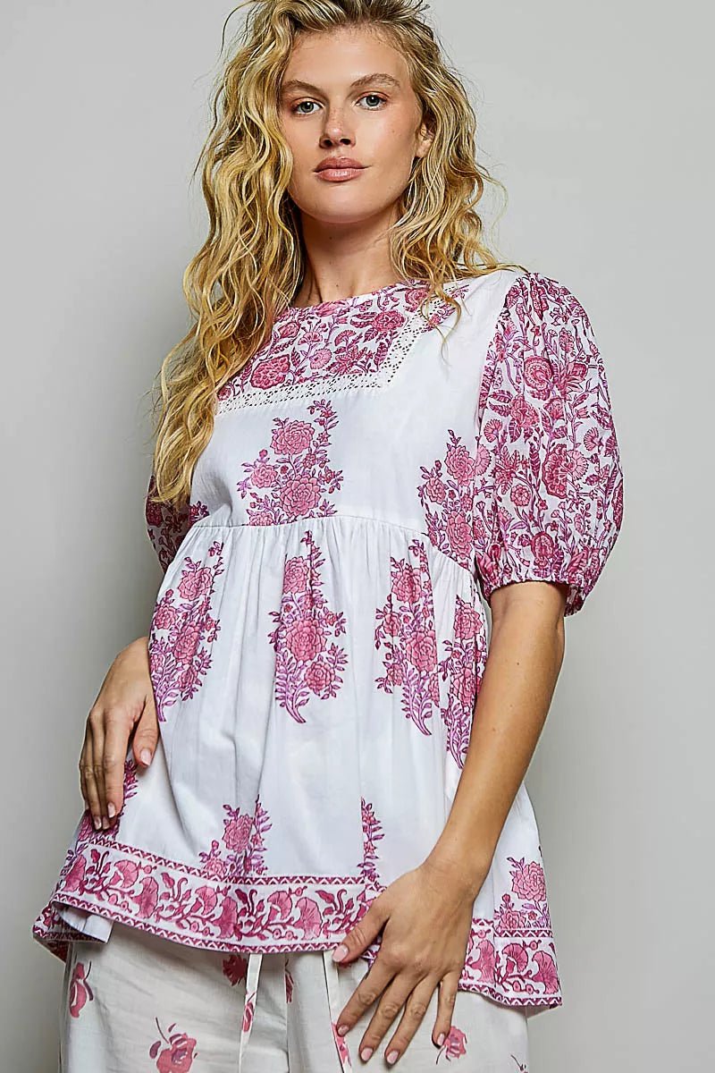 POL Vintage Hand Block Print Floral Woven Blouse - Desert Sunday