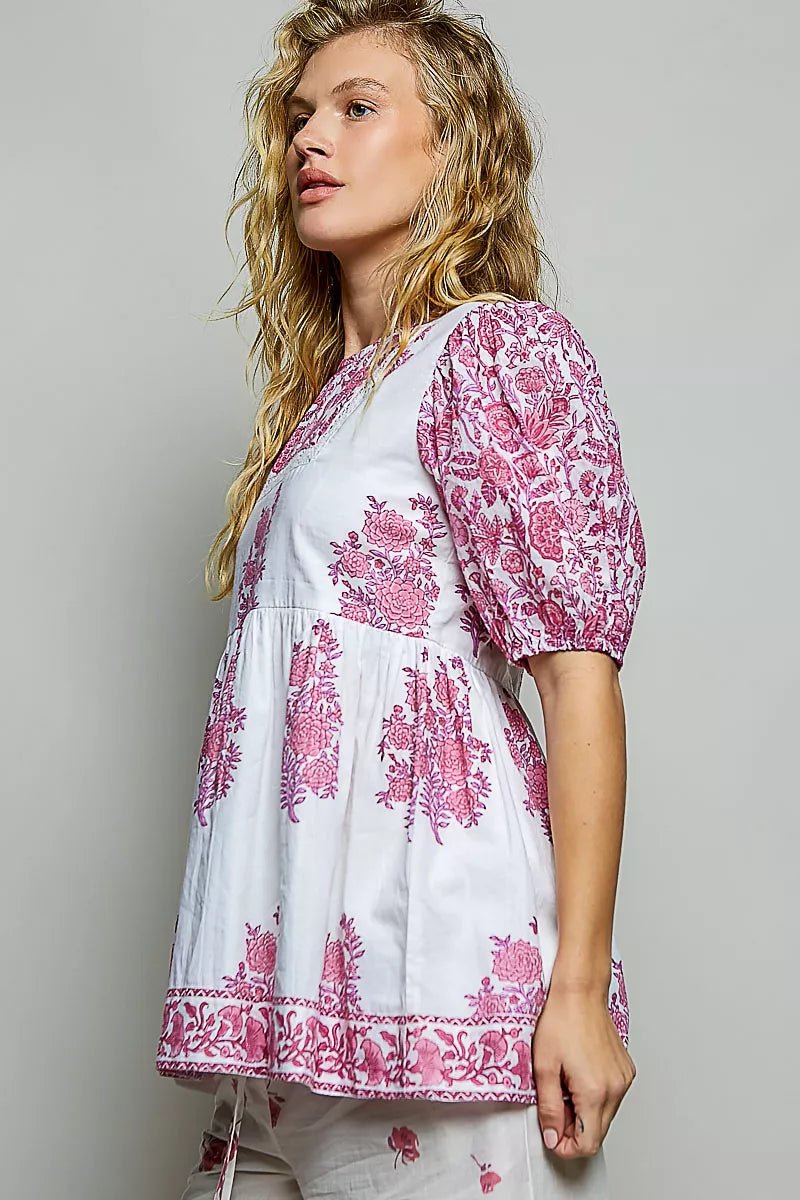 POL Vintage Hand Block Print Floral Woven Blouse - Desert Sunday