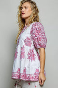 POL Vintage Hand Block Print Floral Woven Blouse - Desert Sunday