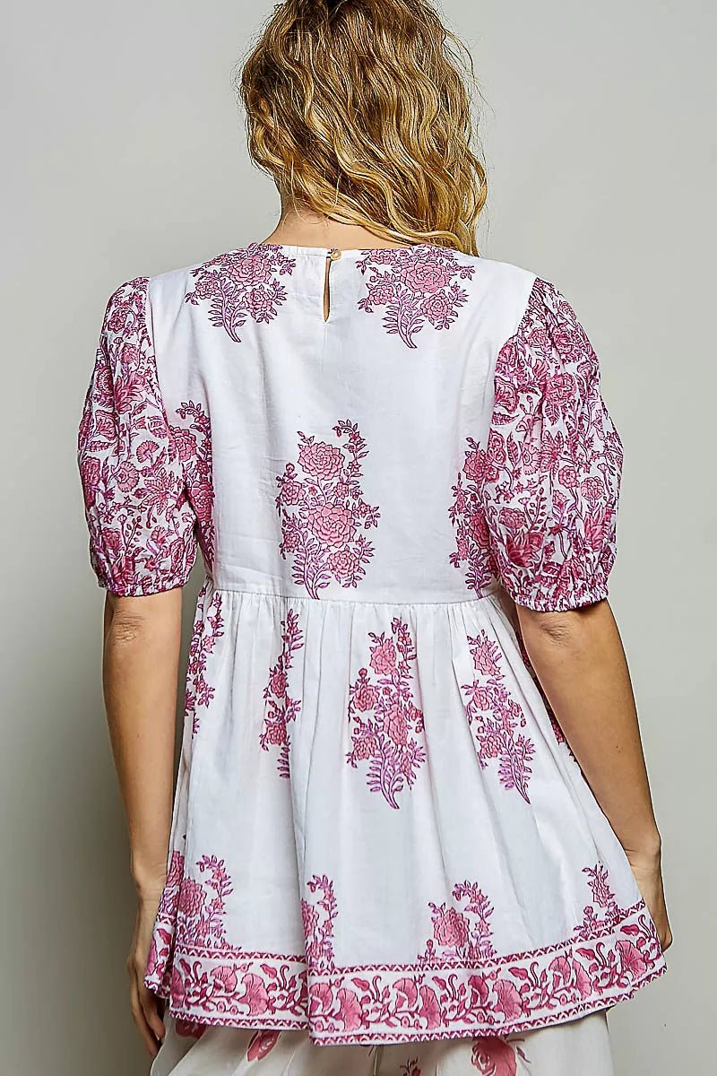 POL Vintage Hand Block Print Floral Woven Blouse - Desert Sunday