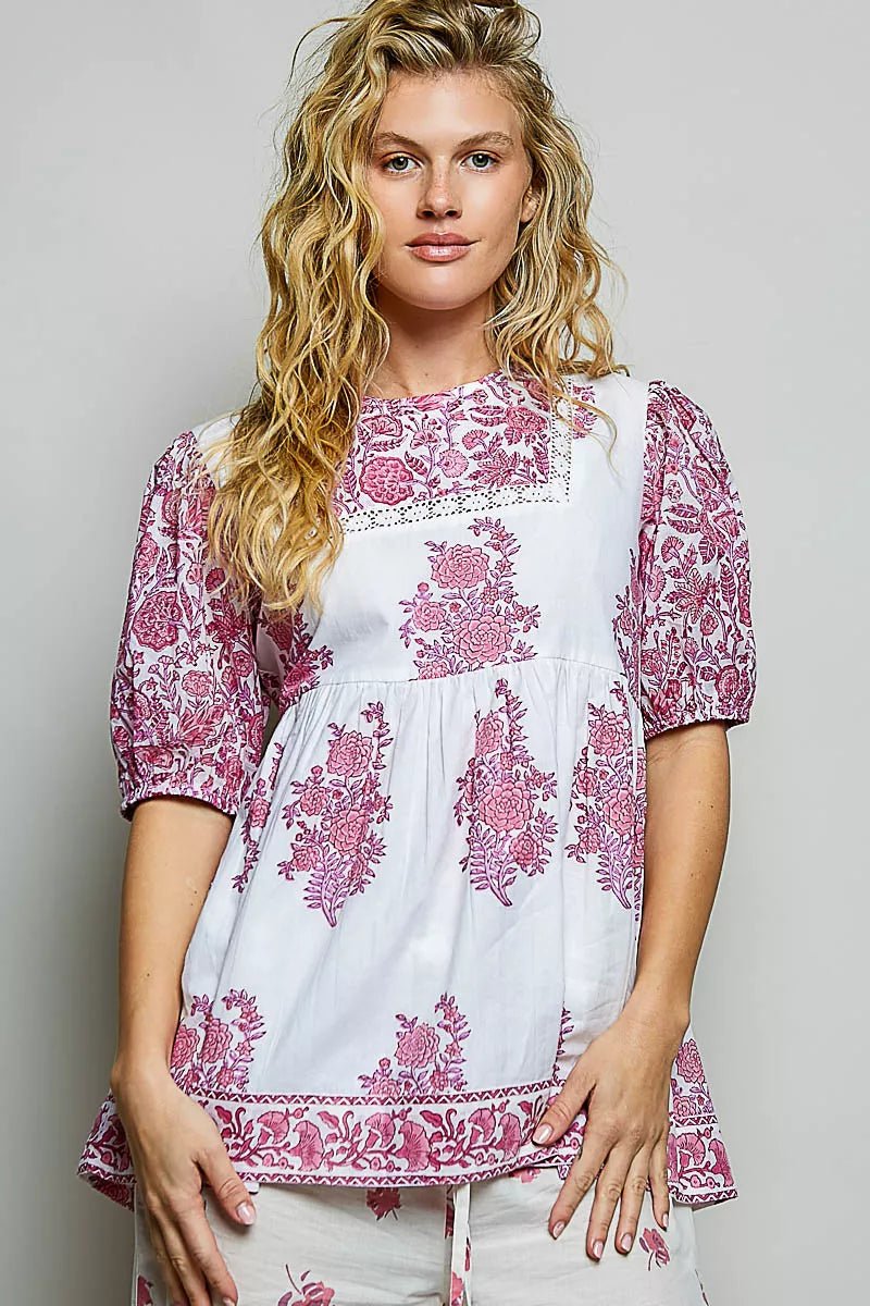 POL Vintage Hand Block Print Floral Woven Blouse - Desert Sunday