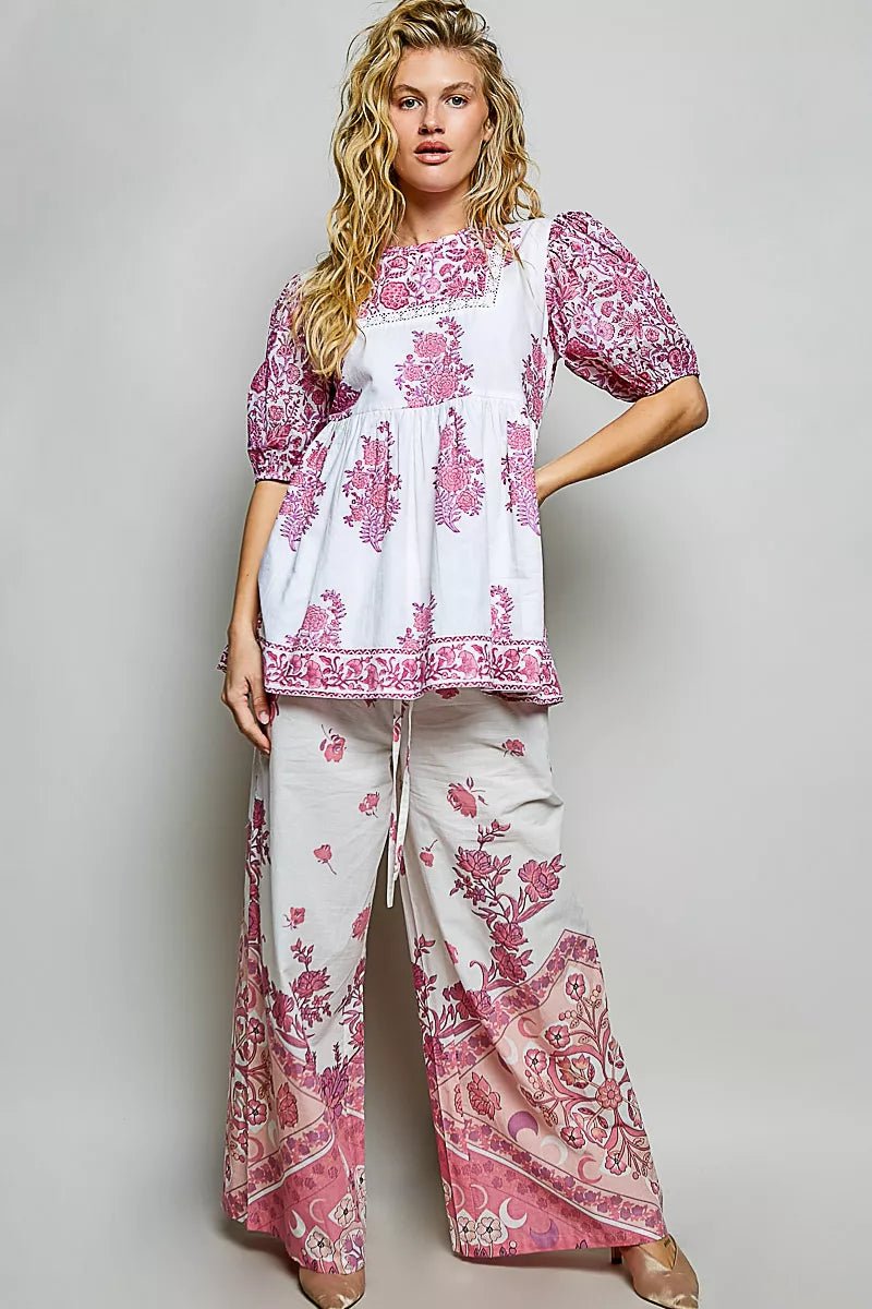 POL Vintage Hand Block Print Floral Woven Blouse - Desert Sunday