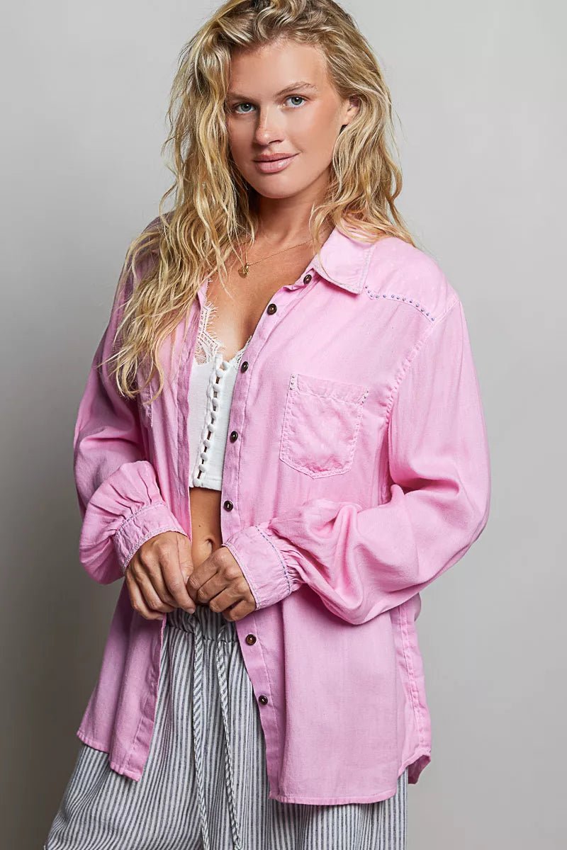POL Washed Textured Cotton Western Button Front Shirt - Desert Sunday