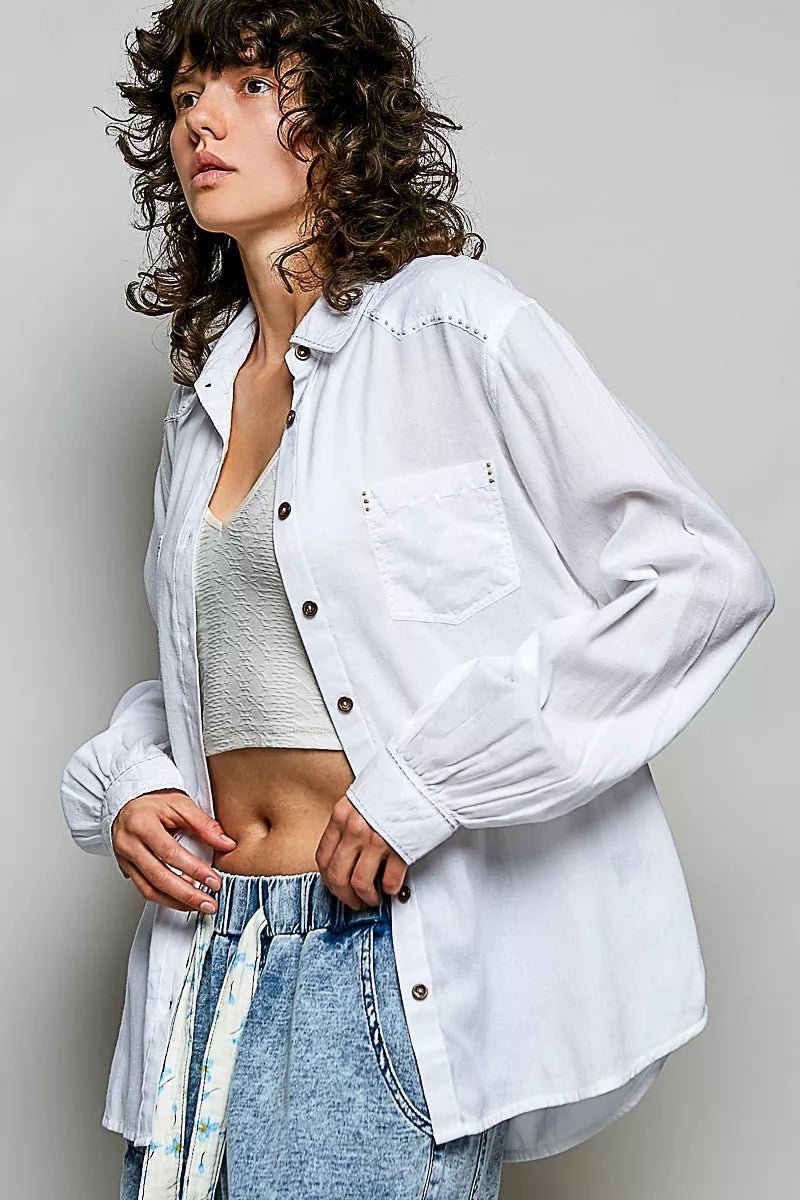 POL Washed Textured Cotton Western Button Front Shirt - Desert Sunday