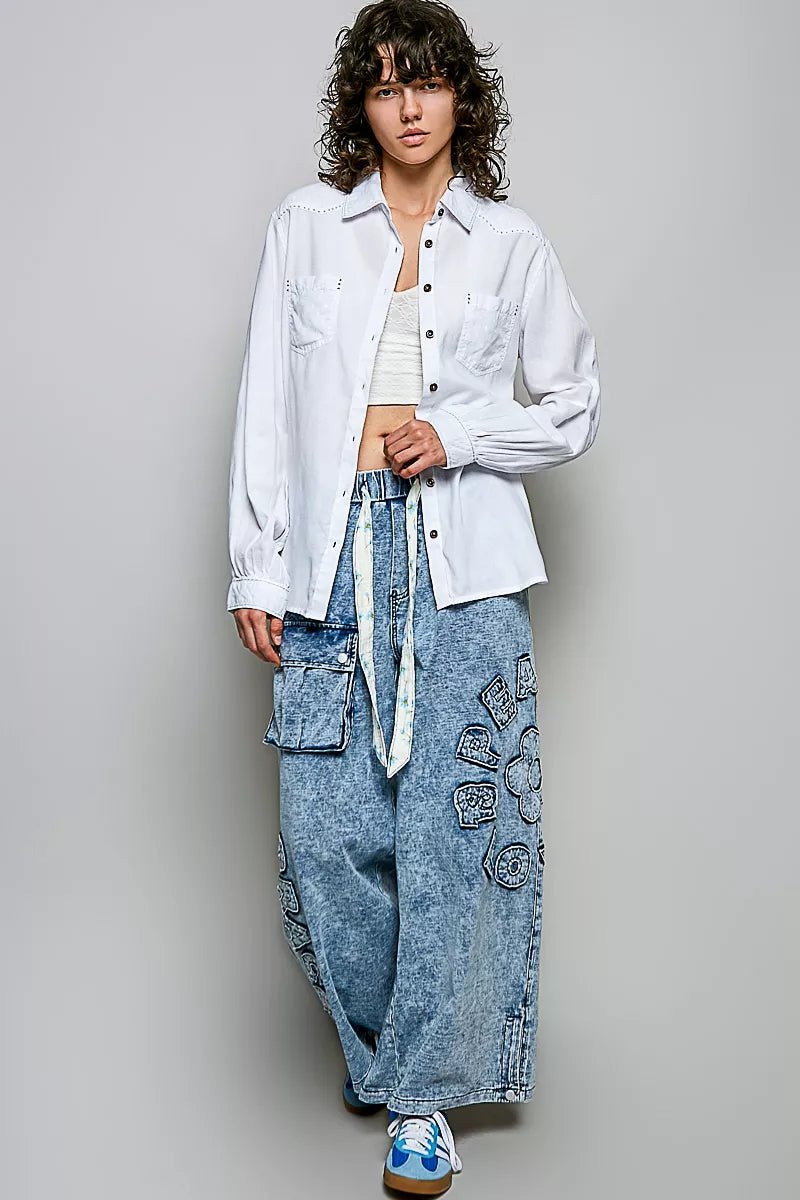 POL Washed Textured Cotton Western Button Front Shirt - Desert Sunday
