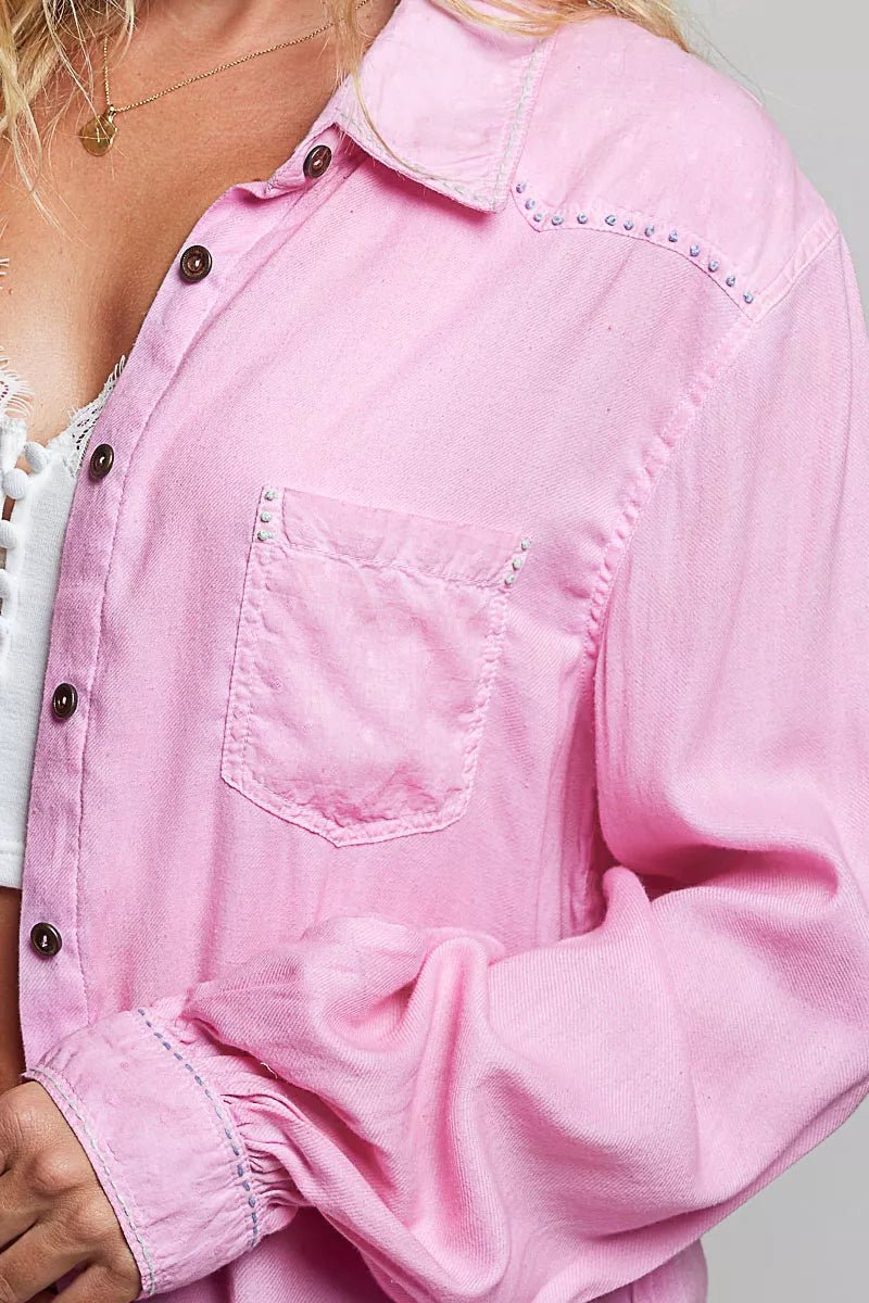 POL Washed Textured Cotton Western Button Front Shirt - Desert Sunday