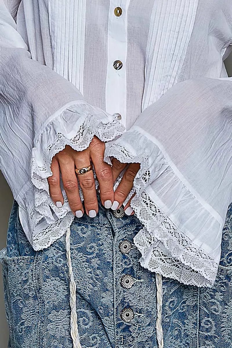 POL Woven Lace Trim Pintuck Button-Down Shirt - Desert Sunday