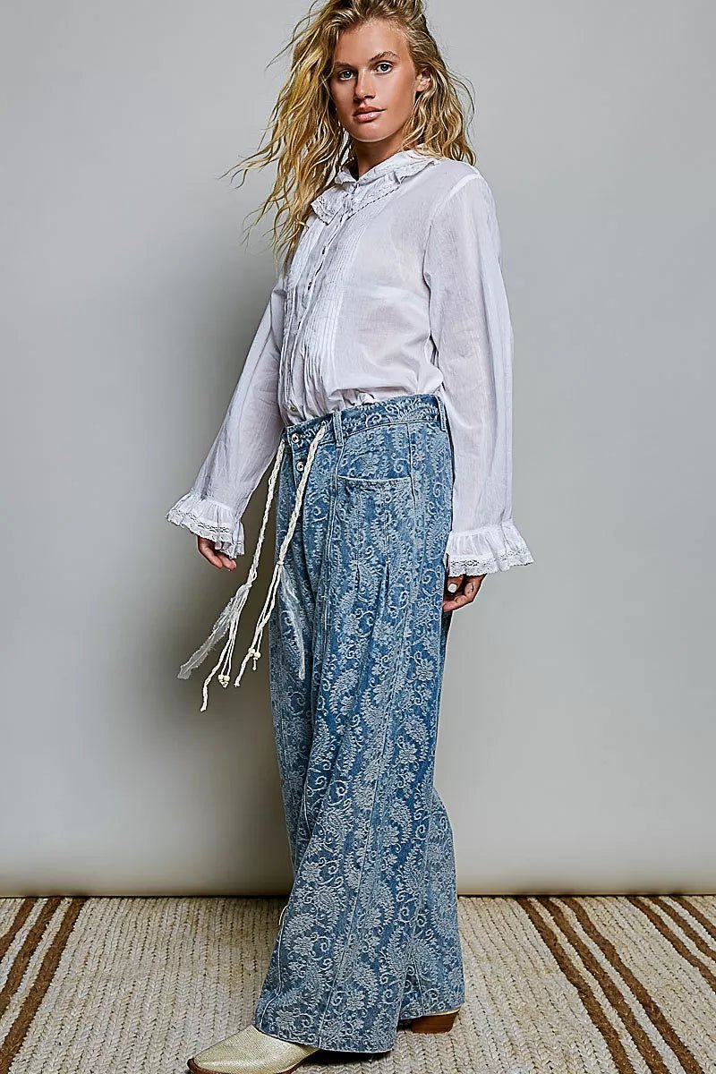 POL Woven Lace Trim Pintuck Button-Down Shirt - Desert Sunday