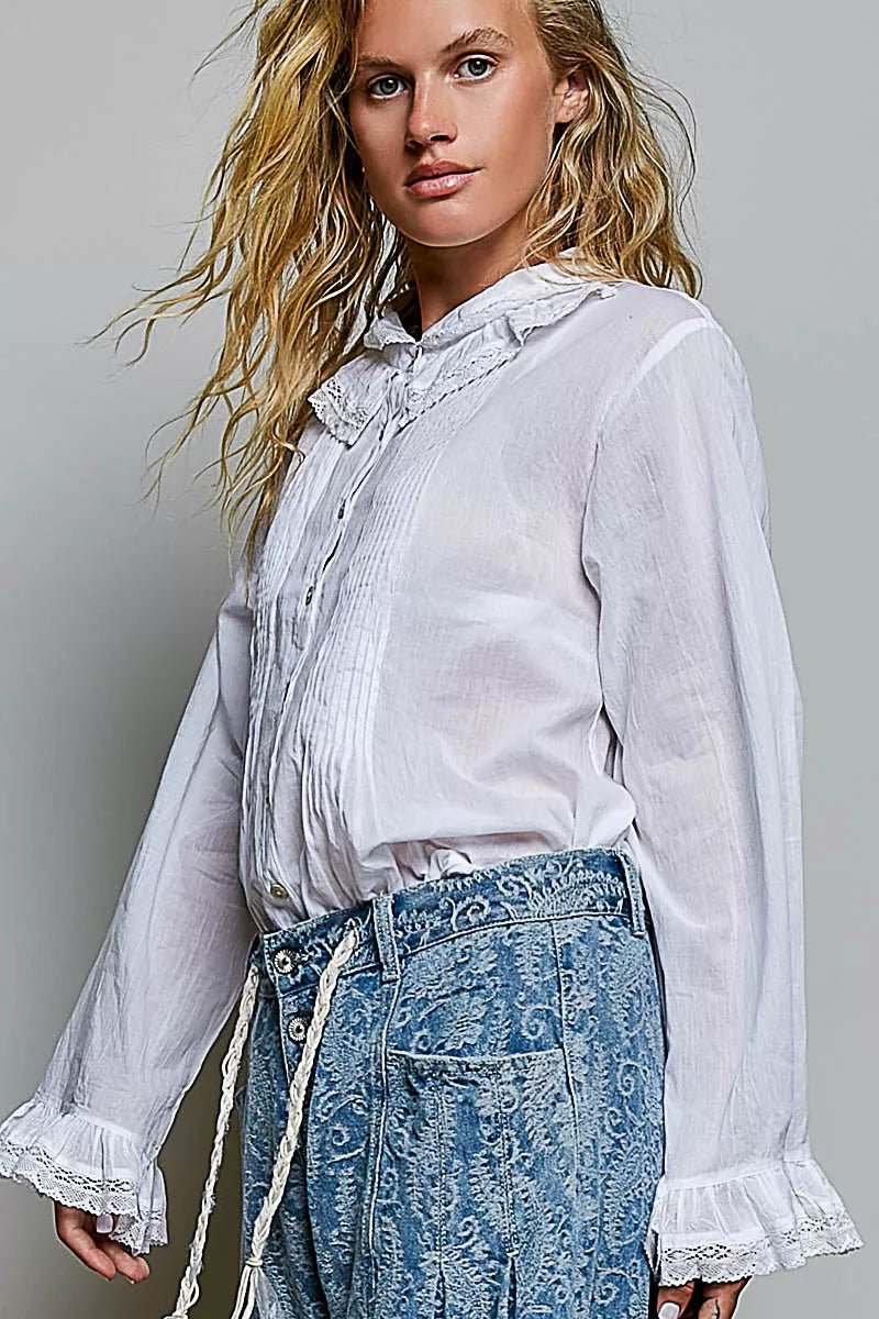 POL Woven Lace Trim Pintuck Button-Down Shirt - Desert Sunday