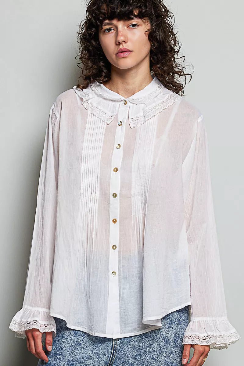 POL Woven Lace Trim Pintuck Button-Down Shirt - Desert Sunday