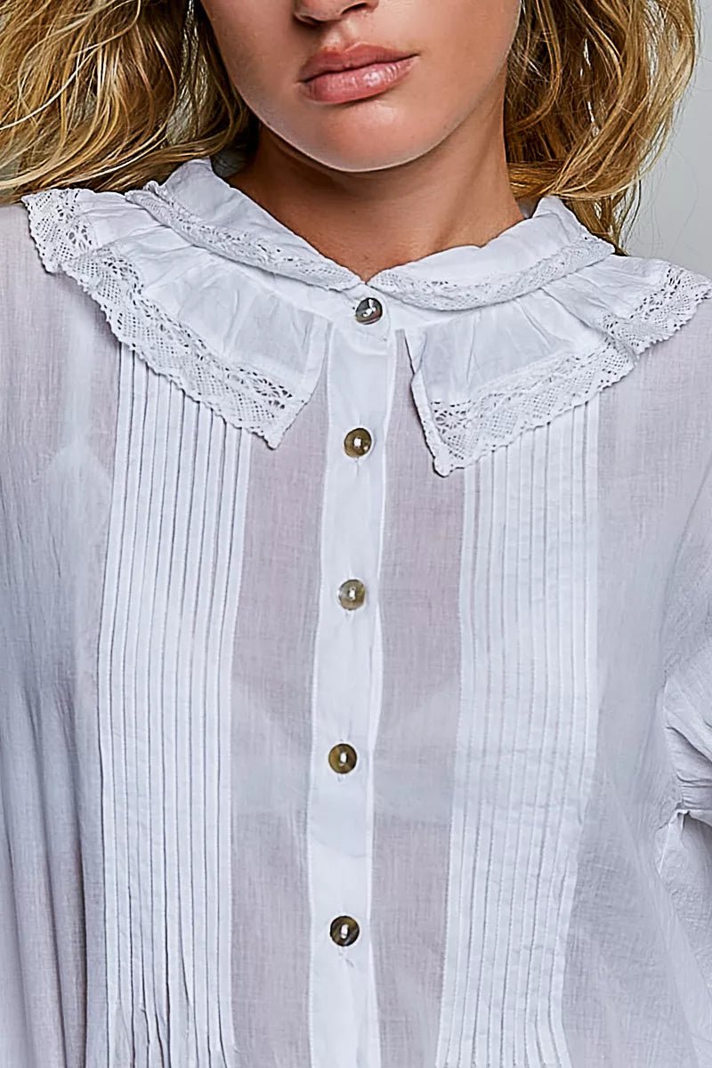 POL Woven Lace Trim Pintuck Button-Down Shirt - Desert Sunday