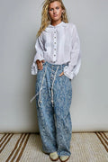POL Woven Lace Trim Pintuck Button-Down Shirt - Desert Sunday