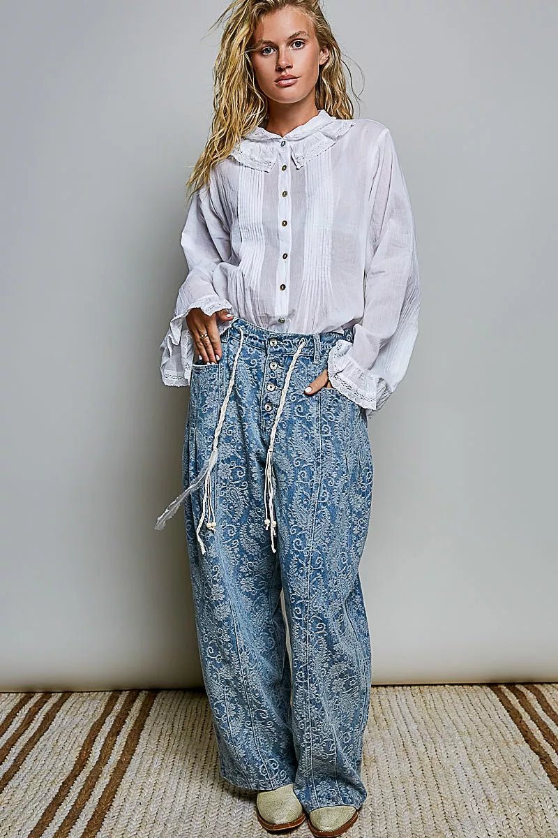 POL Woven Lace Trim Pintuck Button-Down Shirt - Desert Sunday