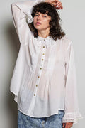 POL Woven Lace Trim Pintuck Button-Down Shirt - Desert Sunday