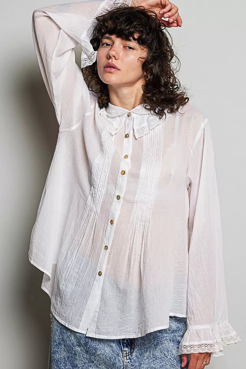 POL Woven Lace Trim Pintuck Button-Down Shirt - Desert Sunday