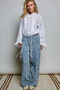 POL Woven Lace Trim Pintuck Button-Down Shirt - Desert Sunday