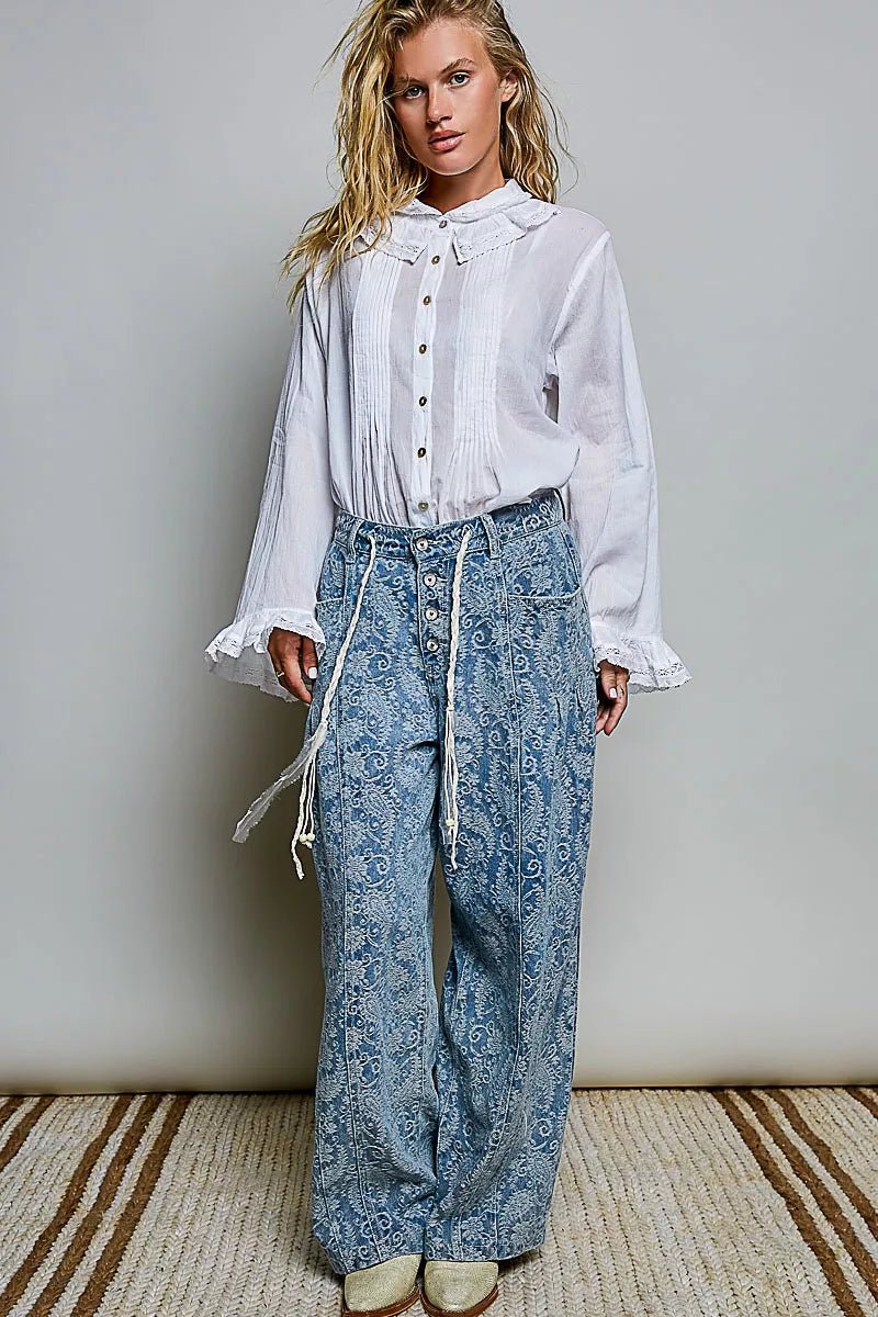 POL Woven Lace Trim Pintuck Button-Down Shirt - Desert Sunday