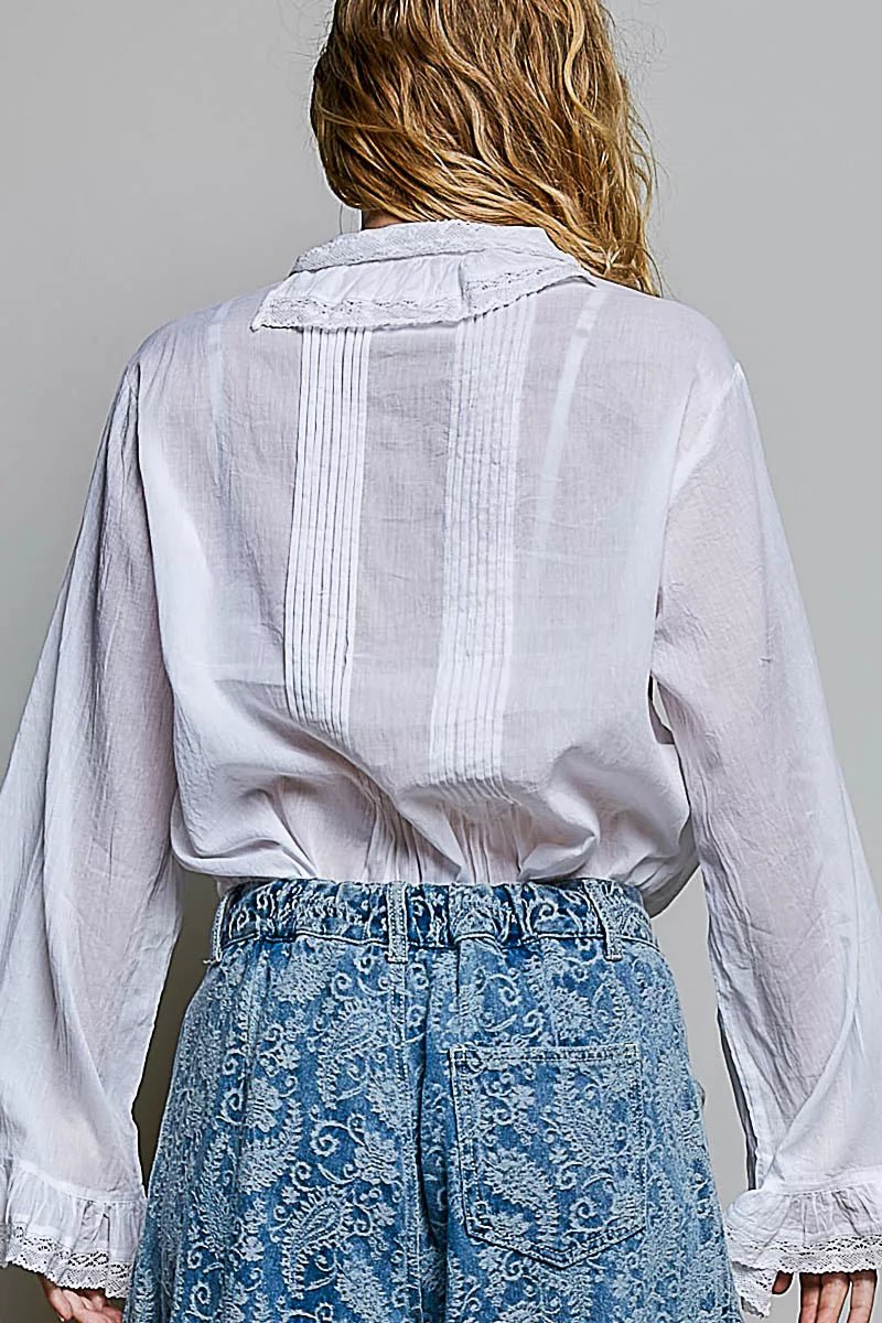 POL Woven Lace Trim Pintuck Button-Down Shirt - Desert Sunday