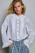 POL Woven Lace Trim Pintuck Button-Down Shirt - Desert Sunday