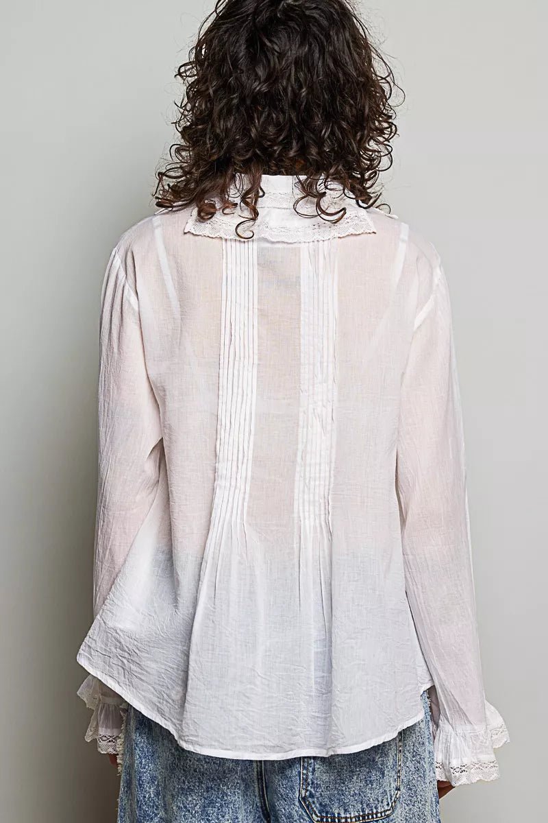 POL Woven Lace Trim Pintuck Button-Down Shirt - Desert Sunday