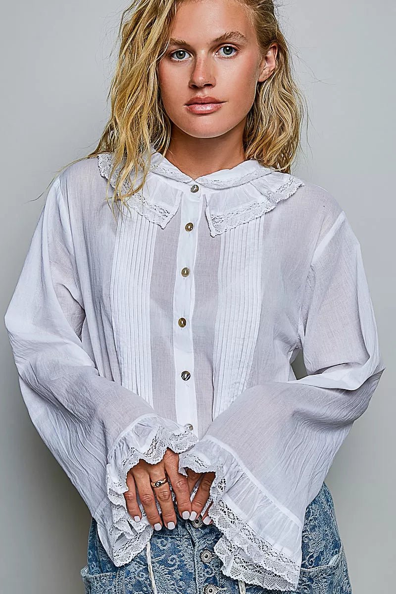 POL Woven Lace Trim Pintuck Button-Down Shirt - Desert Sunday