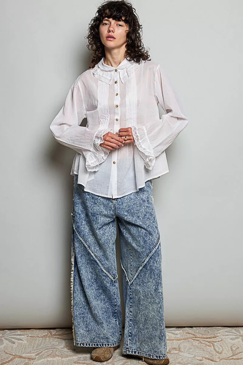 POL Woven Lace Trim Pintuck Button-Down Shirt - Desert Sunday