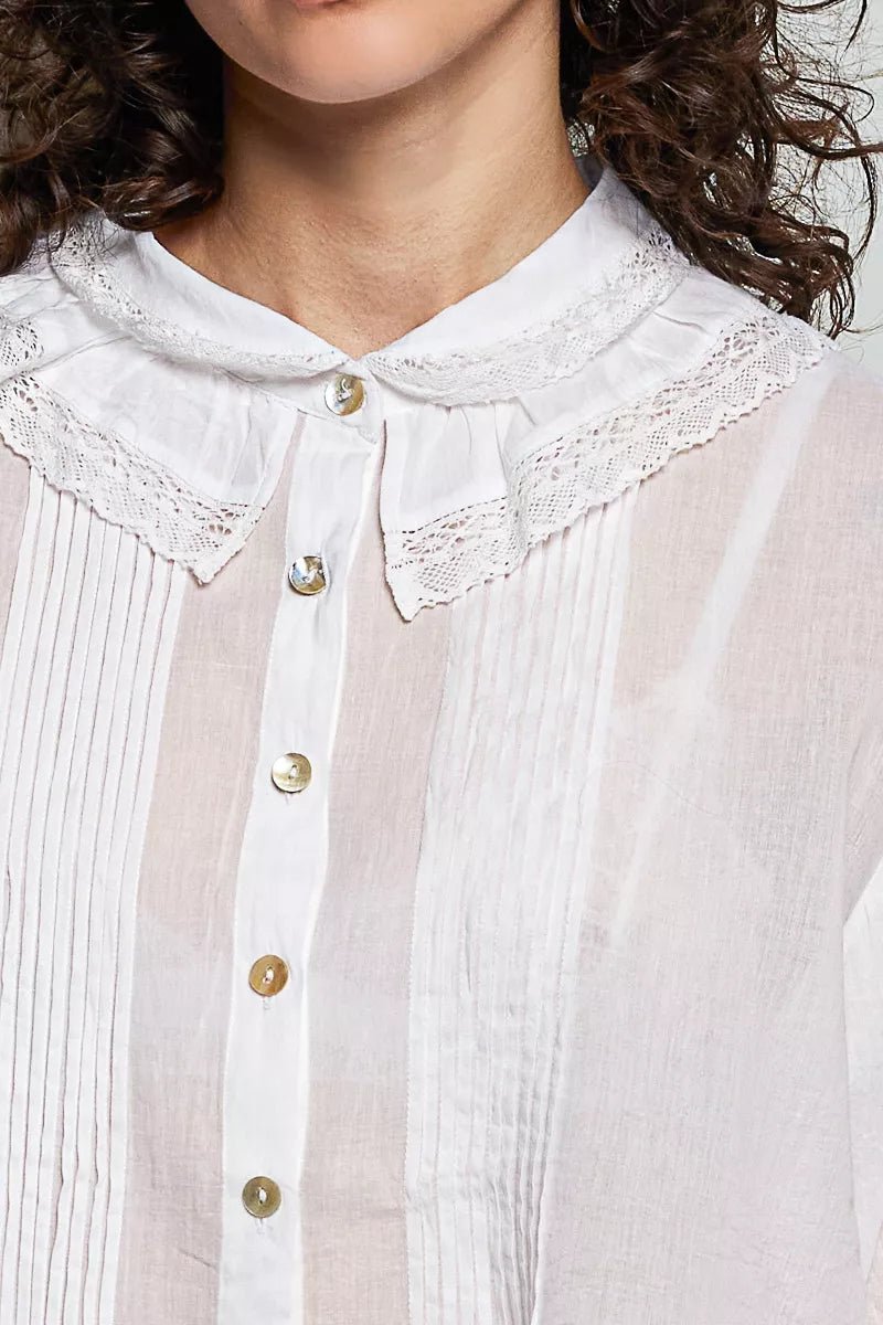POL Woven Lace Trim Pintuck Button-Down Shirt - Desert Sunday