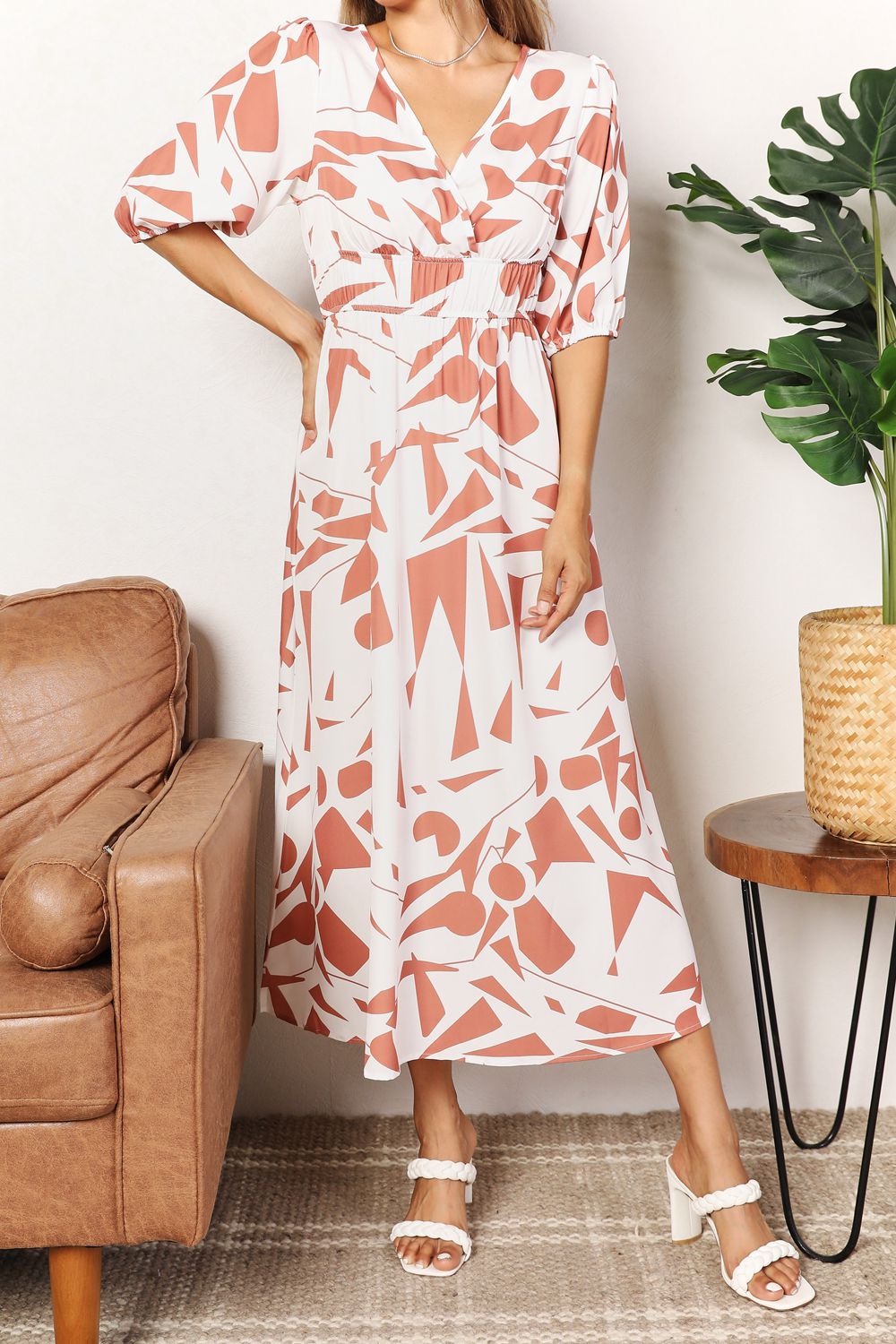 Printed Surplice Balloon Sleeve Dress - Desert Sunday