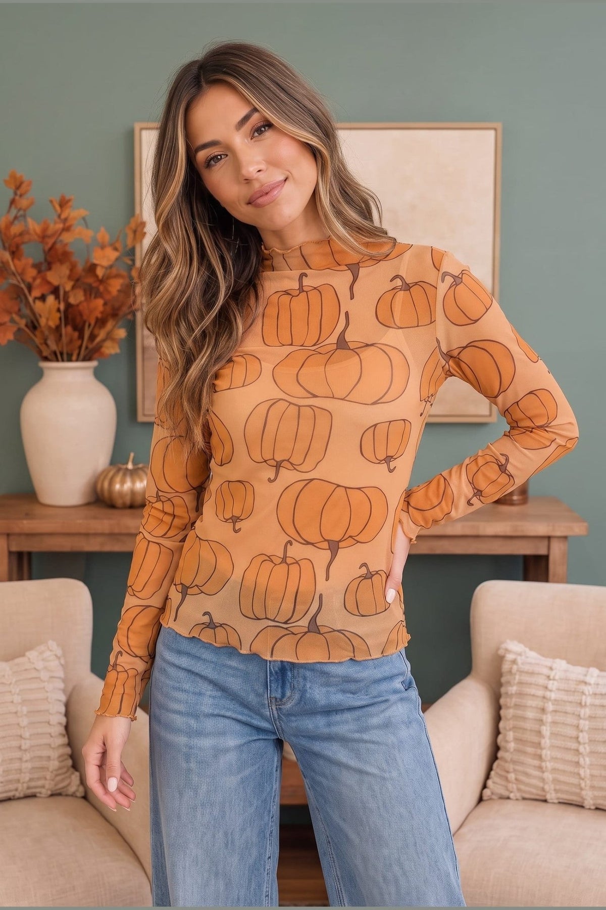 Pumpkin Patch Mesh Mock Neck Top - Desert Sunday