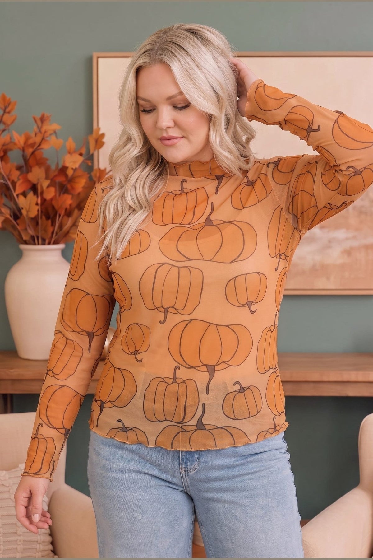 Pumpkin Patch Mesh Mock Neck Top - Desert Sunday