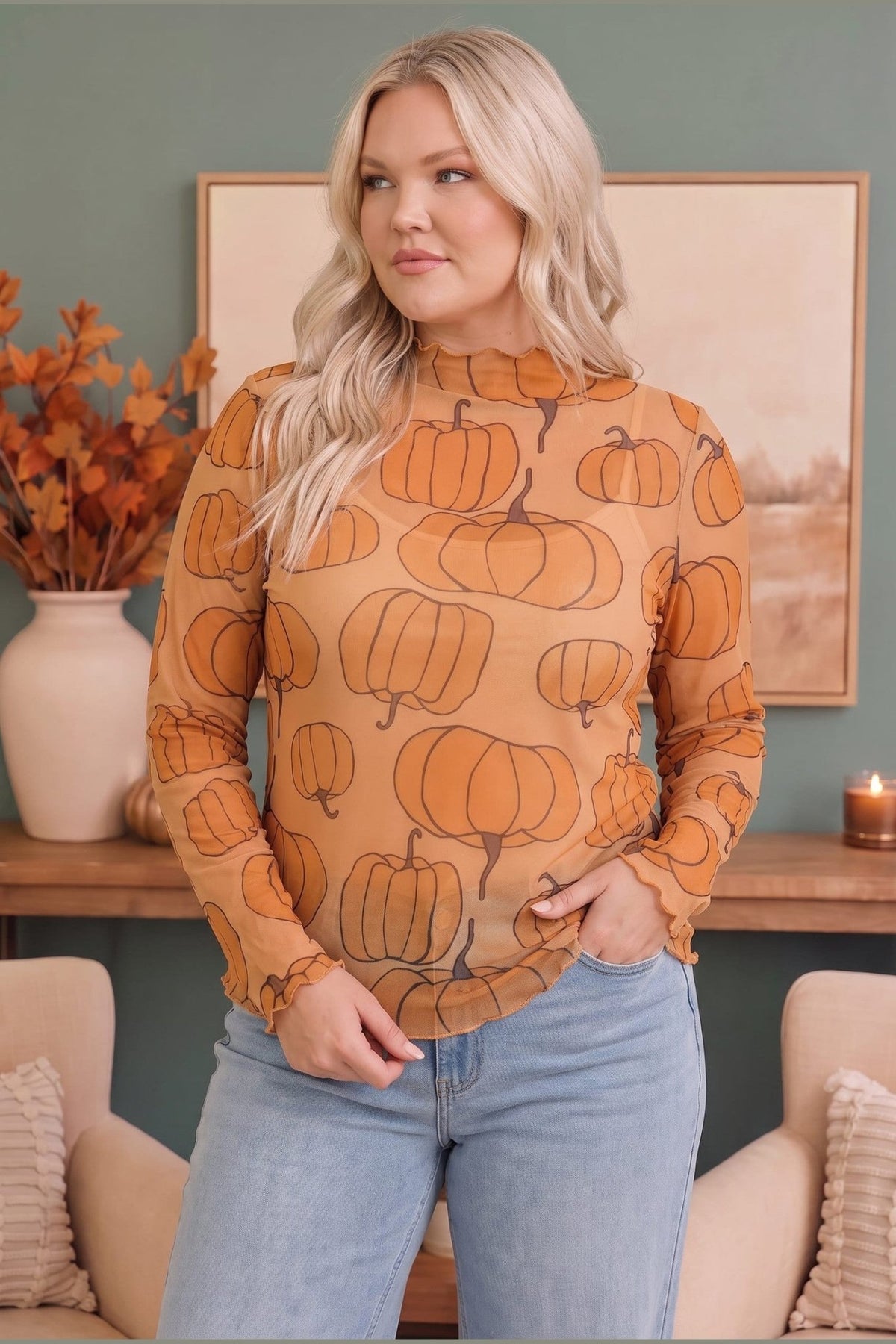 Pumpkin Patch Mesh Mock Neck Top - Desert Sunday