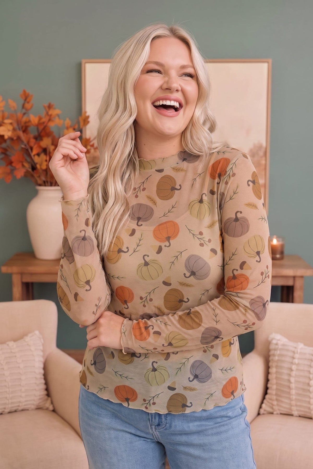 Pumpkin Patch Pretty Mesh Long Sleeve Top - Desert Sunday