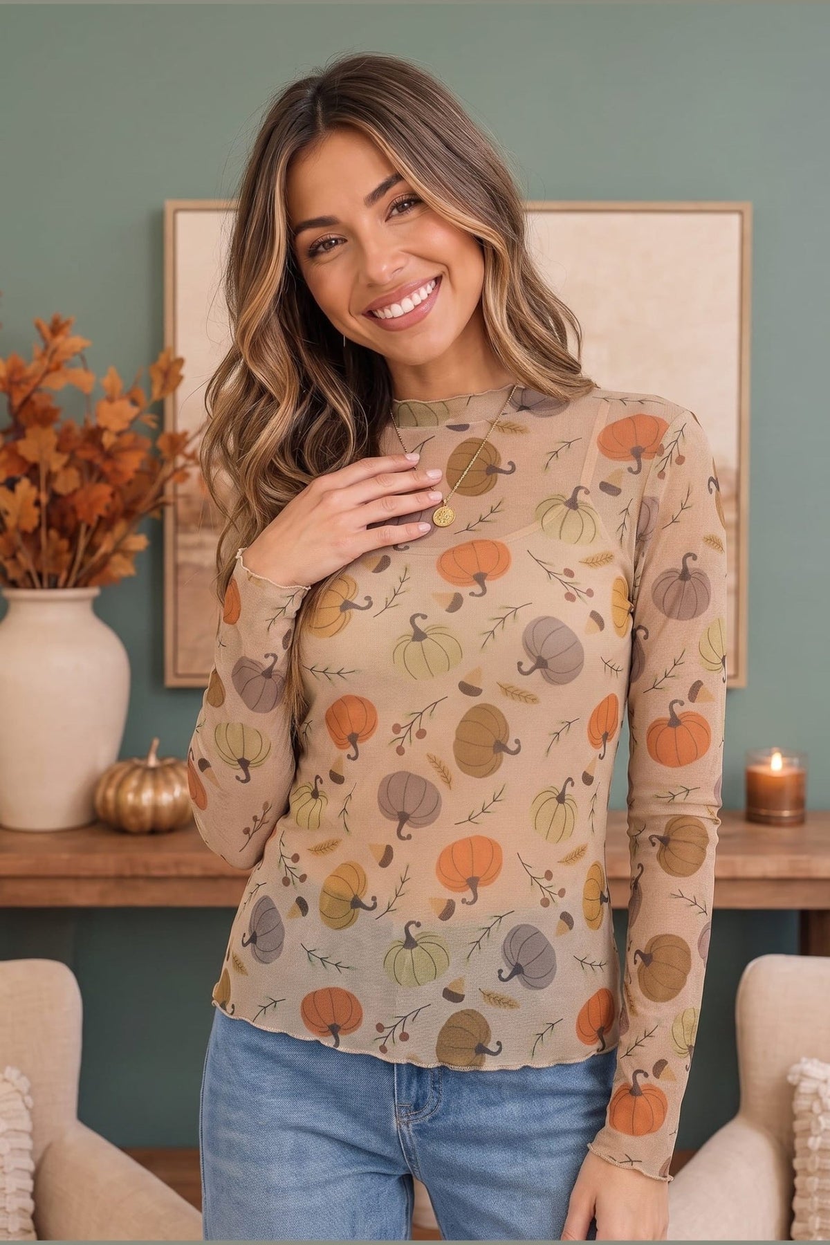 Pumpkin Patch Pretty Mesh Long Sleeve Top - Desert Sunday