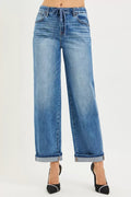 RISEN Elastic Band Slouch Ankle Boyfriend Cuffed Hem Jeans - Desert Sunday